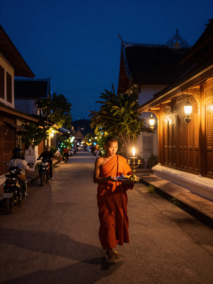 Midnight street scene in Luang Prabang Laos with monk alms offering and candelabra in in Luang Prabang, Laos