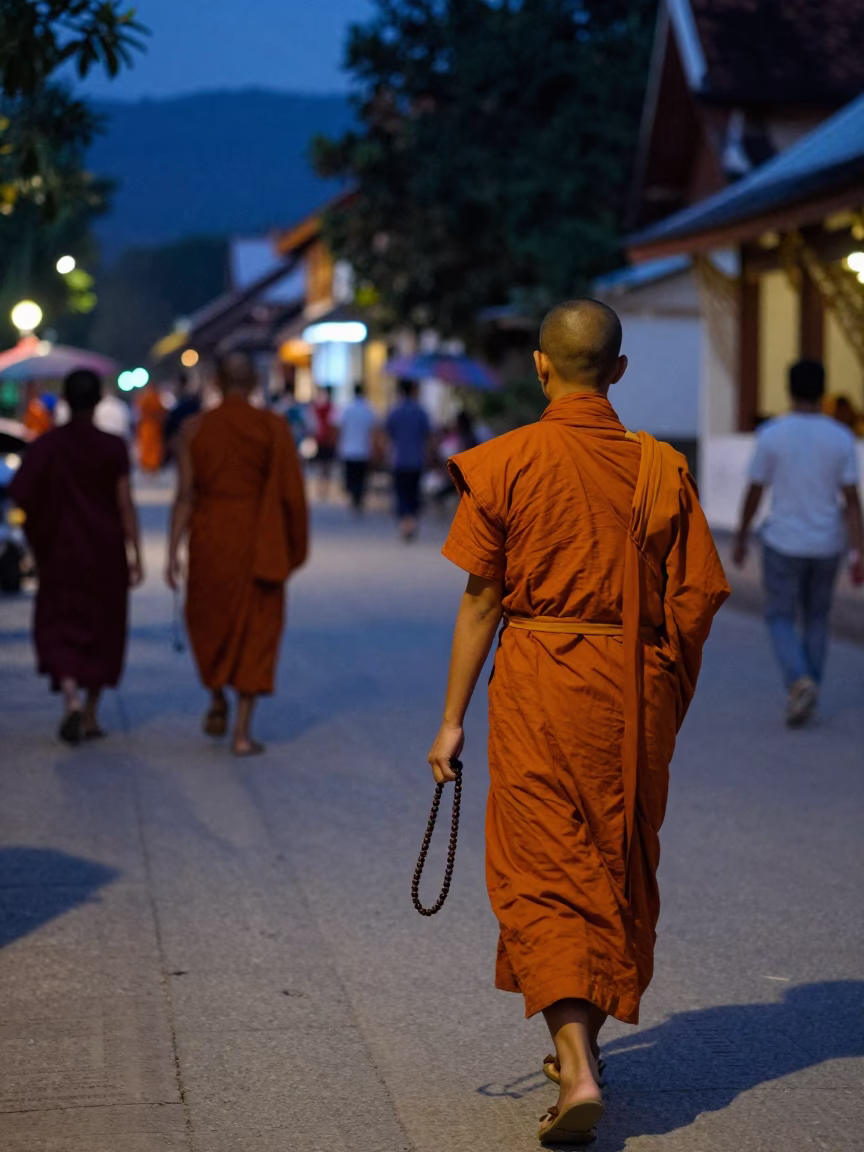 Midnight Street Scene in Luang Prabang Laos with Monks and Prayer Beads in in Luang Prabang, Laos