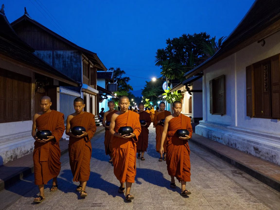 Midnight street scene in Luang Prabang Laos with monks and traditional architecture in in Luang Prabang, Laos