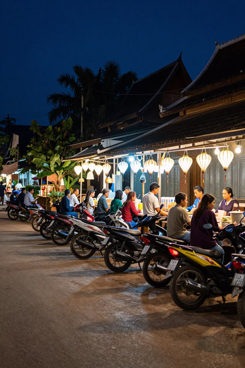 Midnight Street Scene in Luang Prabang Laos with Motorbikes and Lanterns in in Luang Prabang, Laos
