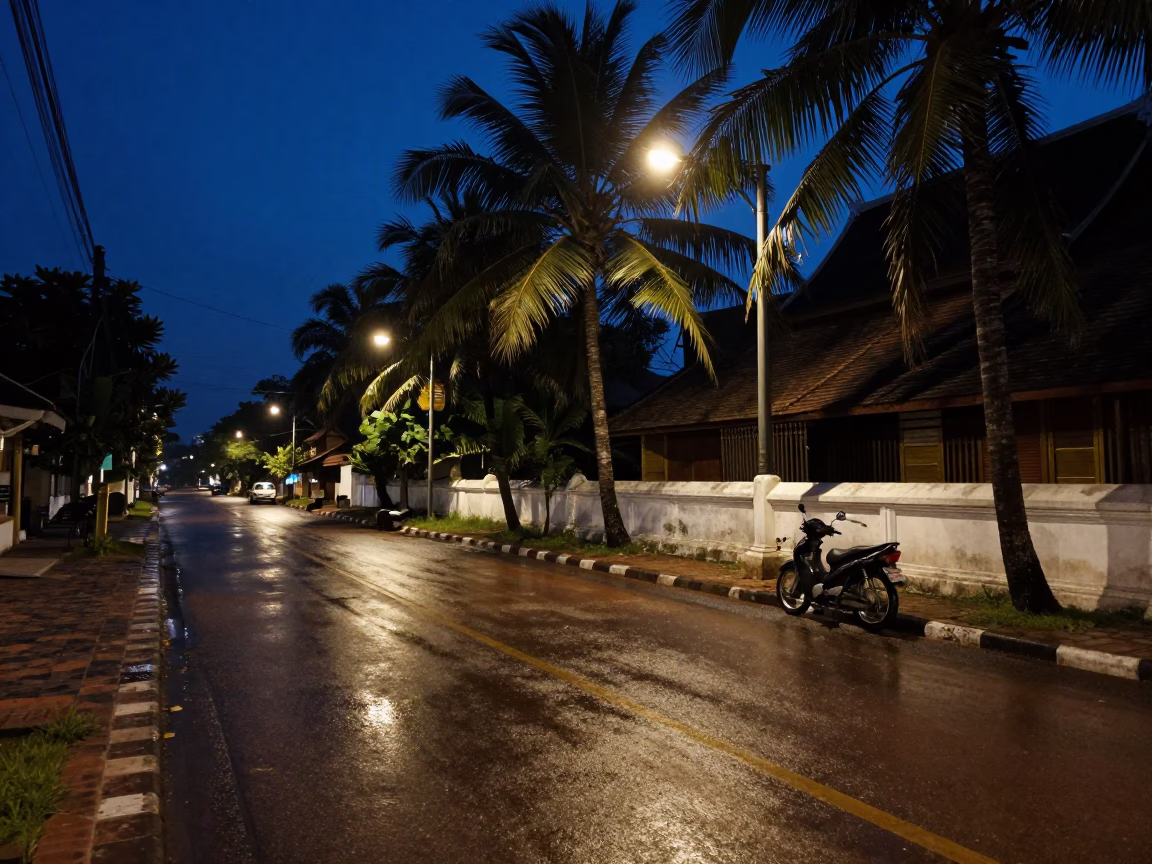 Midnight Street Scene in Luang Prabang Laos with Motorcycle and Palm Trees in in Luang Prabang, Laos