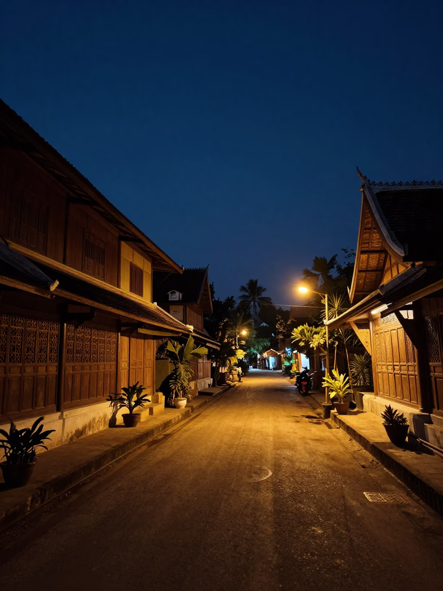 Midnight street scene in Luang Prabang Laos with traditional architecture and local night life in in Luang Prabang, Laos