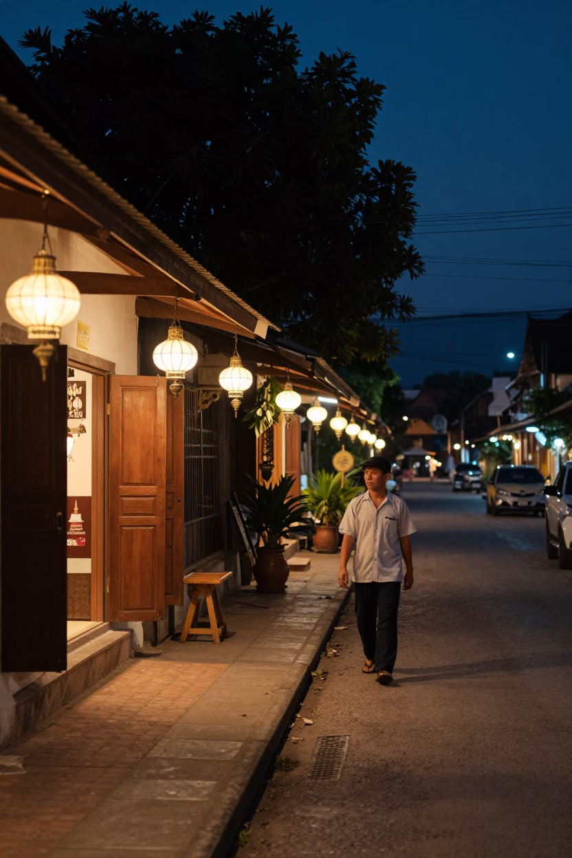 Midnight Street Scene in Luang Prabang Laos with Traditional Lamps and Local Life in in Luang Prabang, Laos