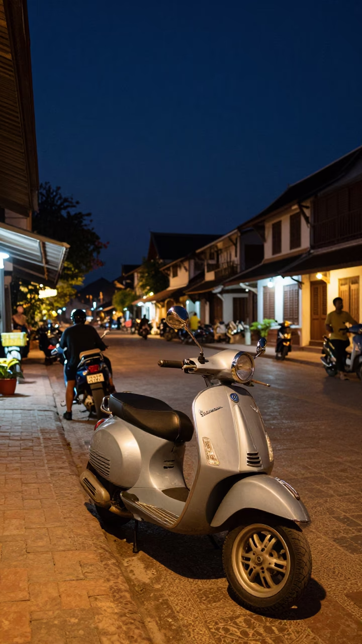 Midnight street scene in Luang Prabang Laos with Vespa and local activity in in Luang Prabang, Laos
