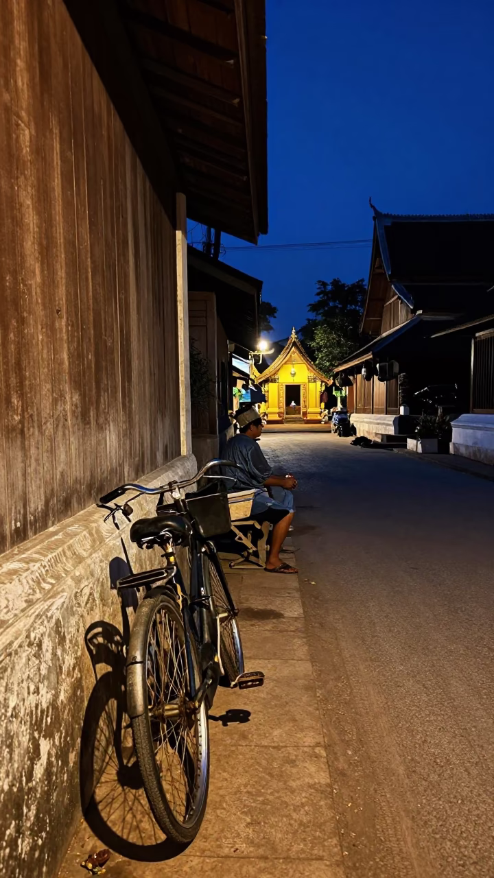 Midnight Street Scene in Luang Prabang Laos with Vintage Bicycle and Padlock in in Luang Prabang, Laos