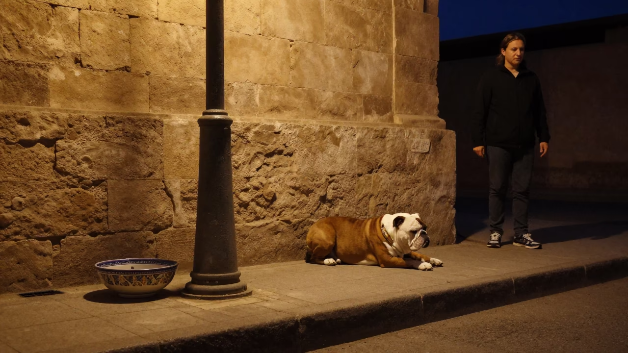 Midnight Street Scene in Luxor Egypt with Ceramic Bowl and American Bulldog in in Luxor, Egypt