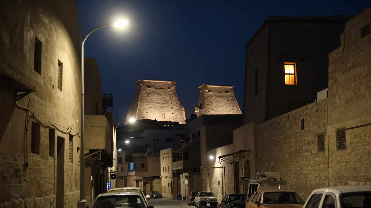 Midnight Street Scene in Luxor Egypt with Glowing Window Light and Busy Urban Activity in in Luxor, Egypt