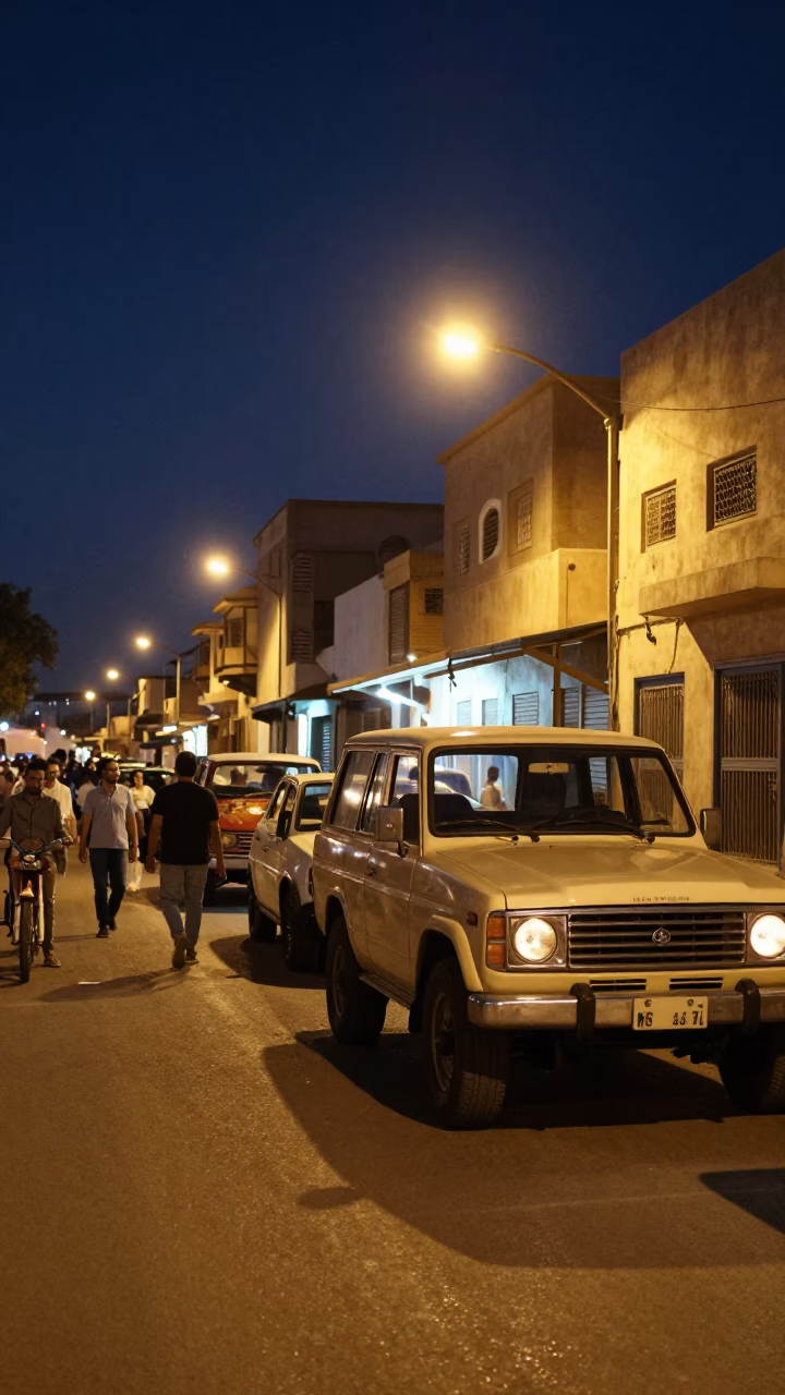 Midnight Street Scene in Luxor Egypt with Local Food and Vintage SUV in in Luxor, Egypt