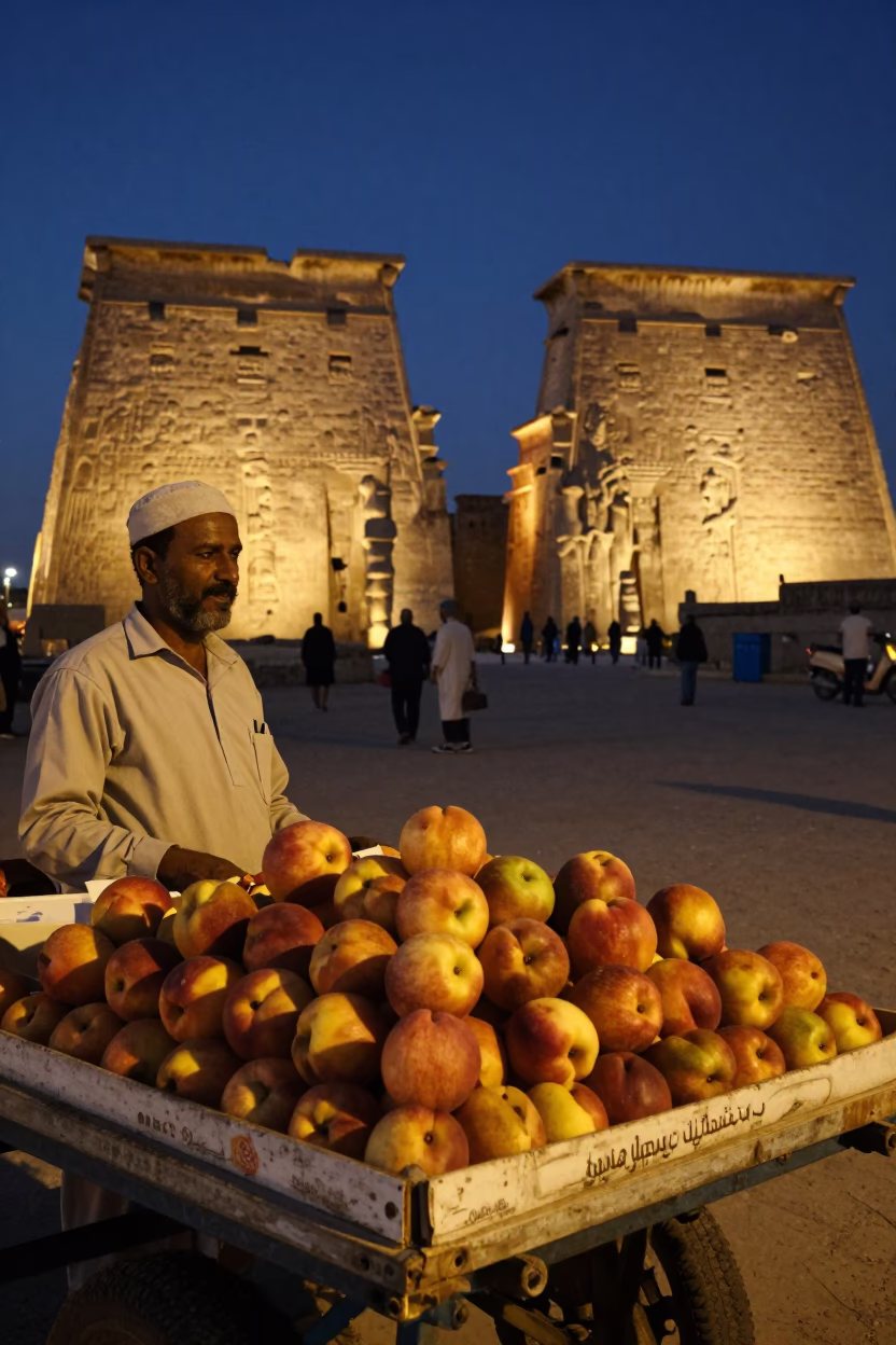 Midnight Street Scene in Luxor Egypt with Local Vendor and Nectarines in in Luxor, Egypt