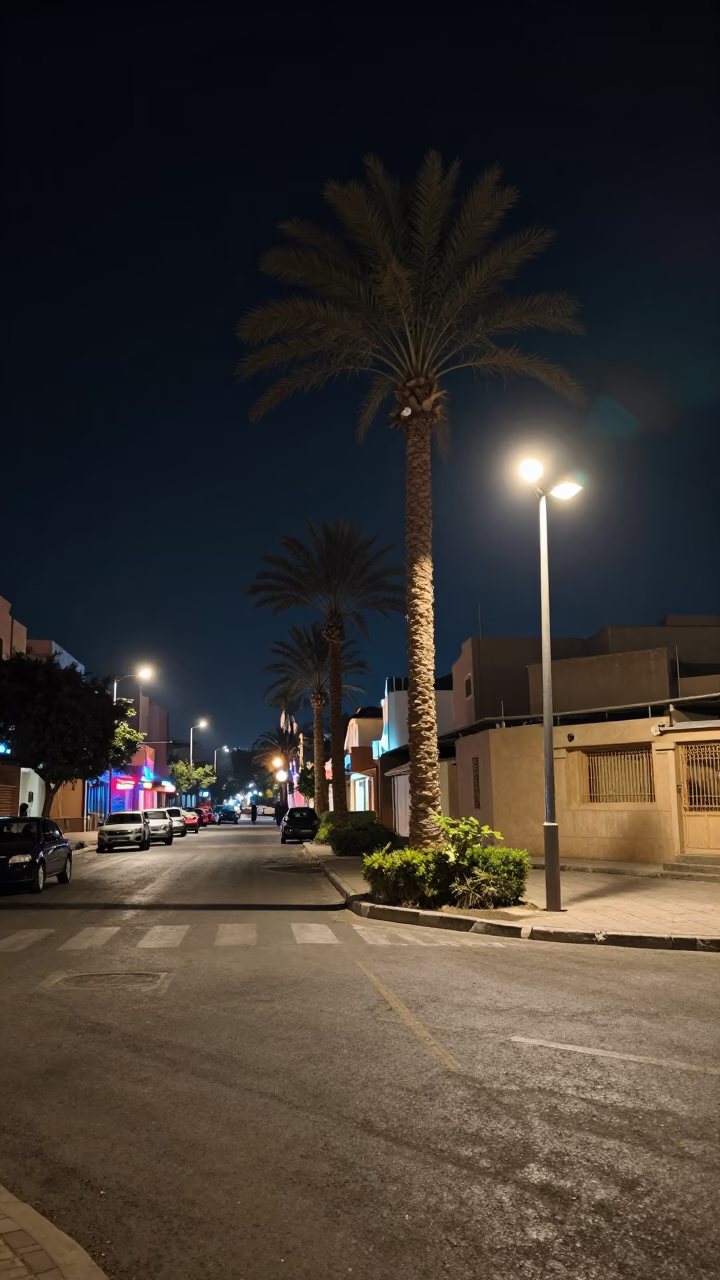 Midnight Street Scene in Luxor Egypt with Palm Trees and Neon Lights in in Luxor, Egypt