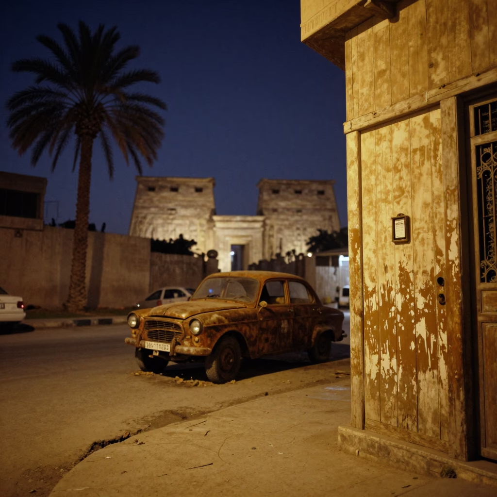 Midnight Street Scene in Luxor Egypt with Palm Trees and Rusted Gate in in Luxor, Egypt