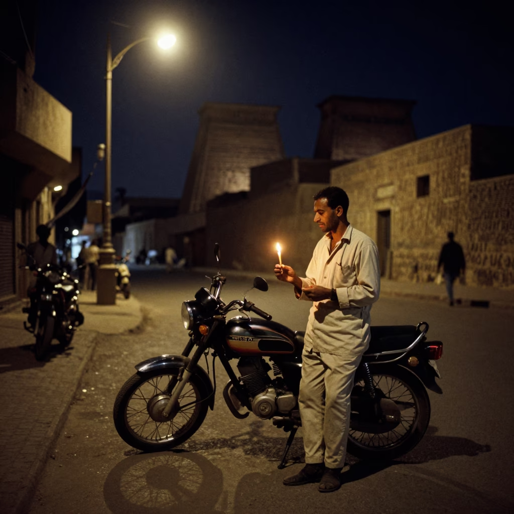 Midnight Street Scene in Luxor Egypt with Taper Candle and Hacksaw in in Luxor, Egypt
