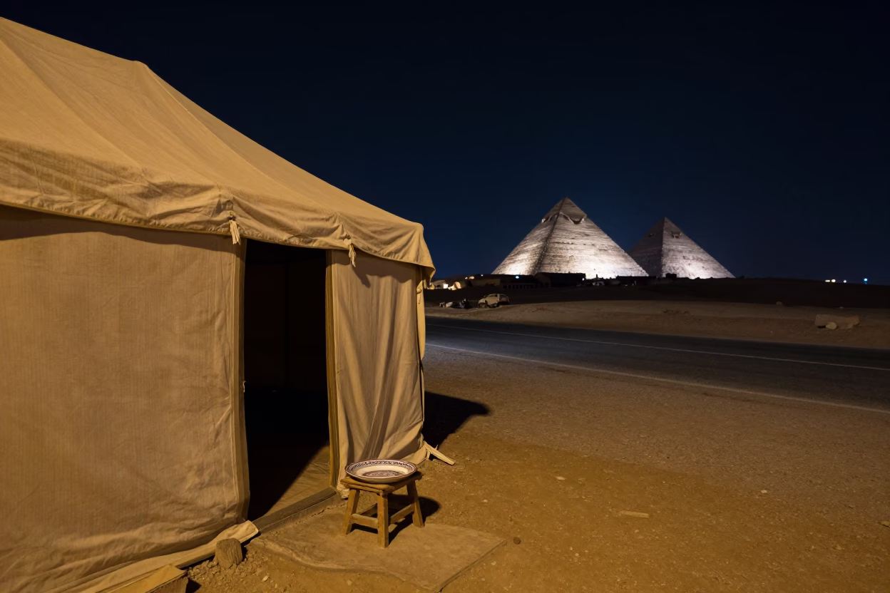 Midnight Street Scene in Luxor Egypt with Traditional Bedouin Tent and Ceramic Plate in in Luxor, Egypt