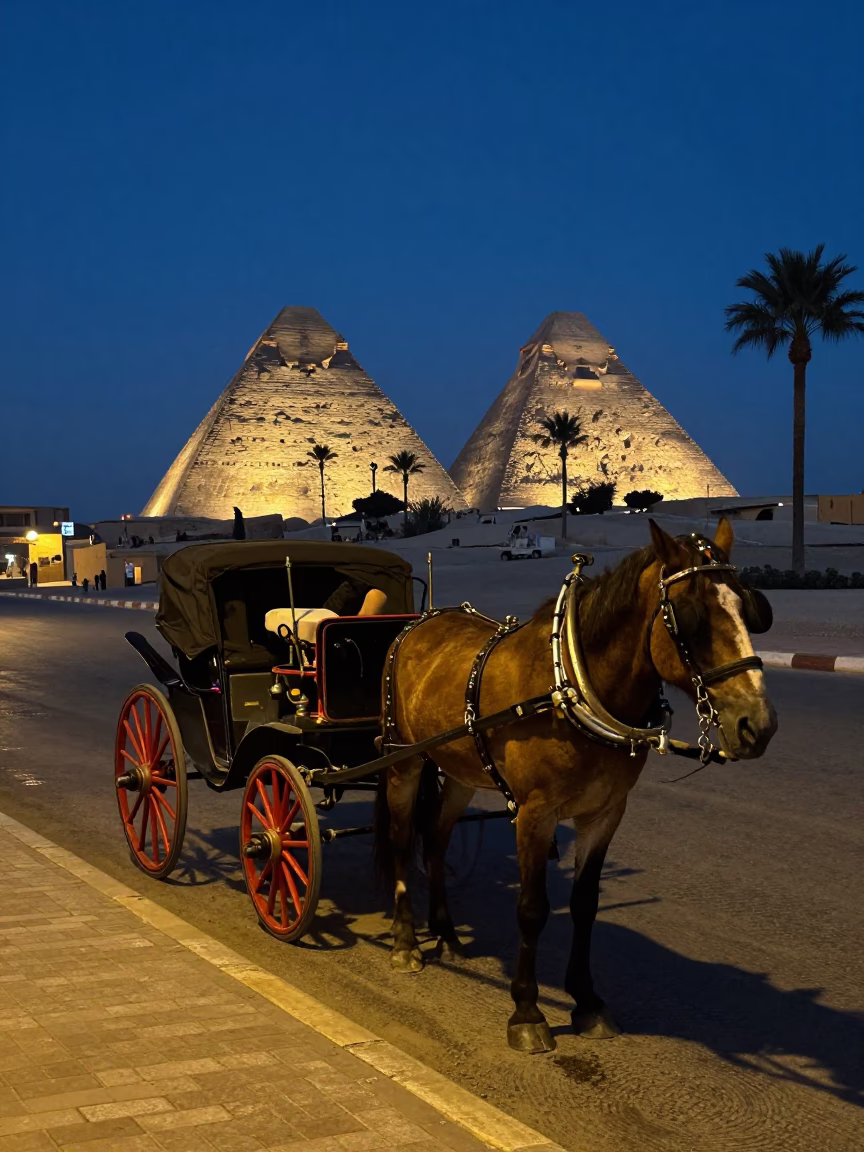 Midnight Street Scene in Luxor Egypt with Traditional Horse Carriage and Stone Architecture in in Luxor, Egypt