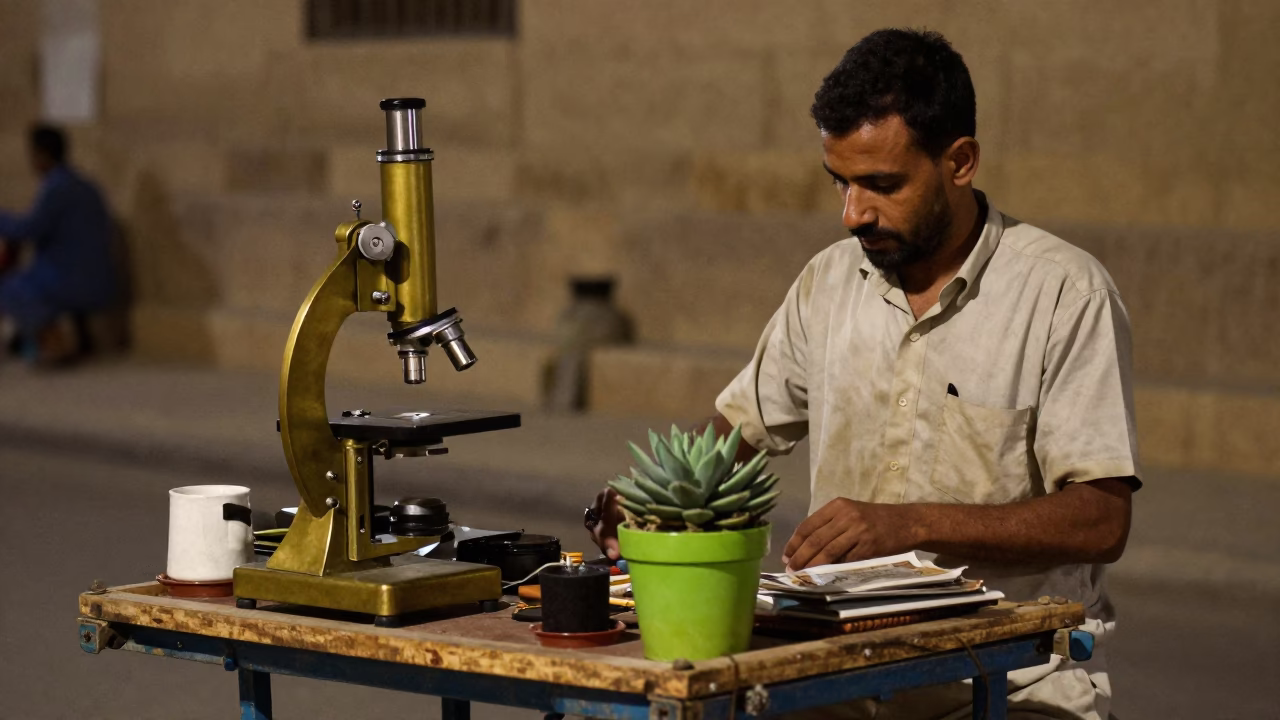 Midnight Street Scene in Luxor Egypt with Vintage Brass Microscope and Plant Pot in in Luxor, Egypt