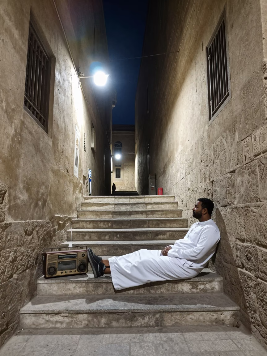Midnight Street Scene in Luxor Egypt with Vintage Radio and Stair Rail in in Luxor, Egypt