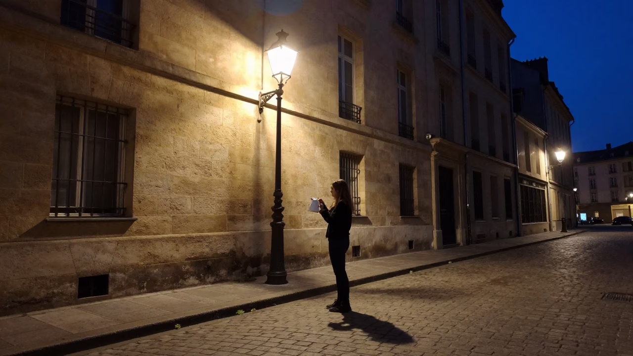 Midnight Street Scene in Lyon France with Enamel Pitcher and Dusty Wall in in Lyon, France
