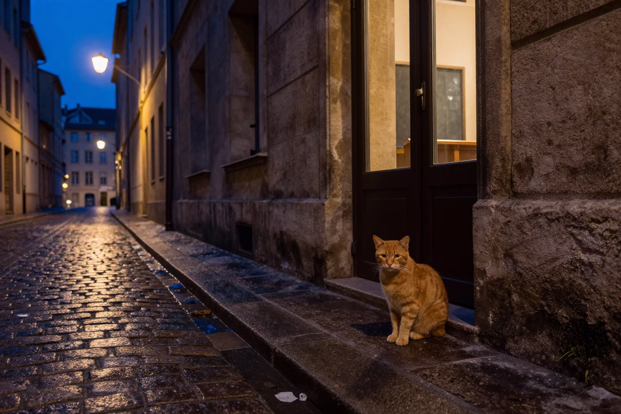 Midnight Street Scene in Lyon France with Ginger Cat and Glass Tumbler in in Lyon, France