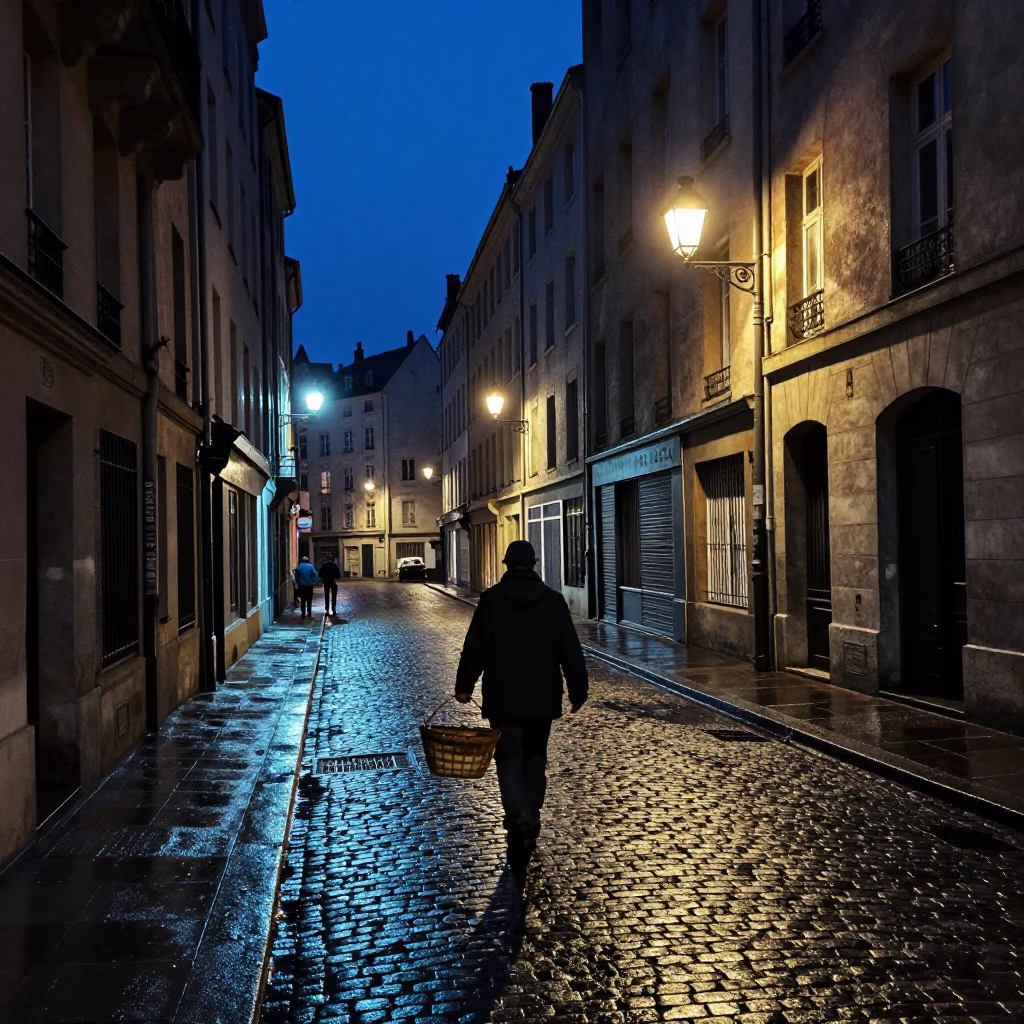 Midnight Street Scene in Lyon France with Lantern and Substation Glow in in Lyon, France