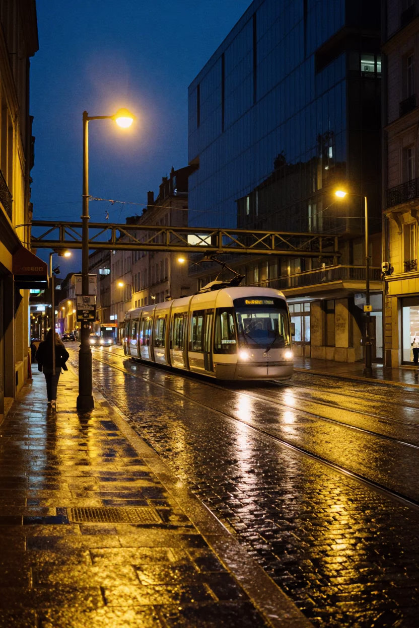 Midnight Street Scene in Lyon France with Monorail Reflection and Urban Life in in Lyon, France