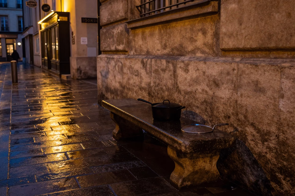 Midnight street scene in Lyon France with stone bench and saucepan in in Lyon, France