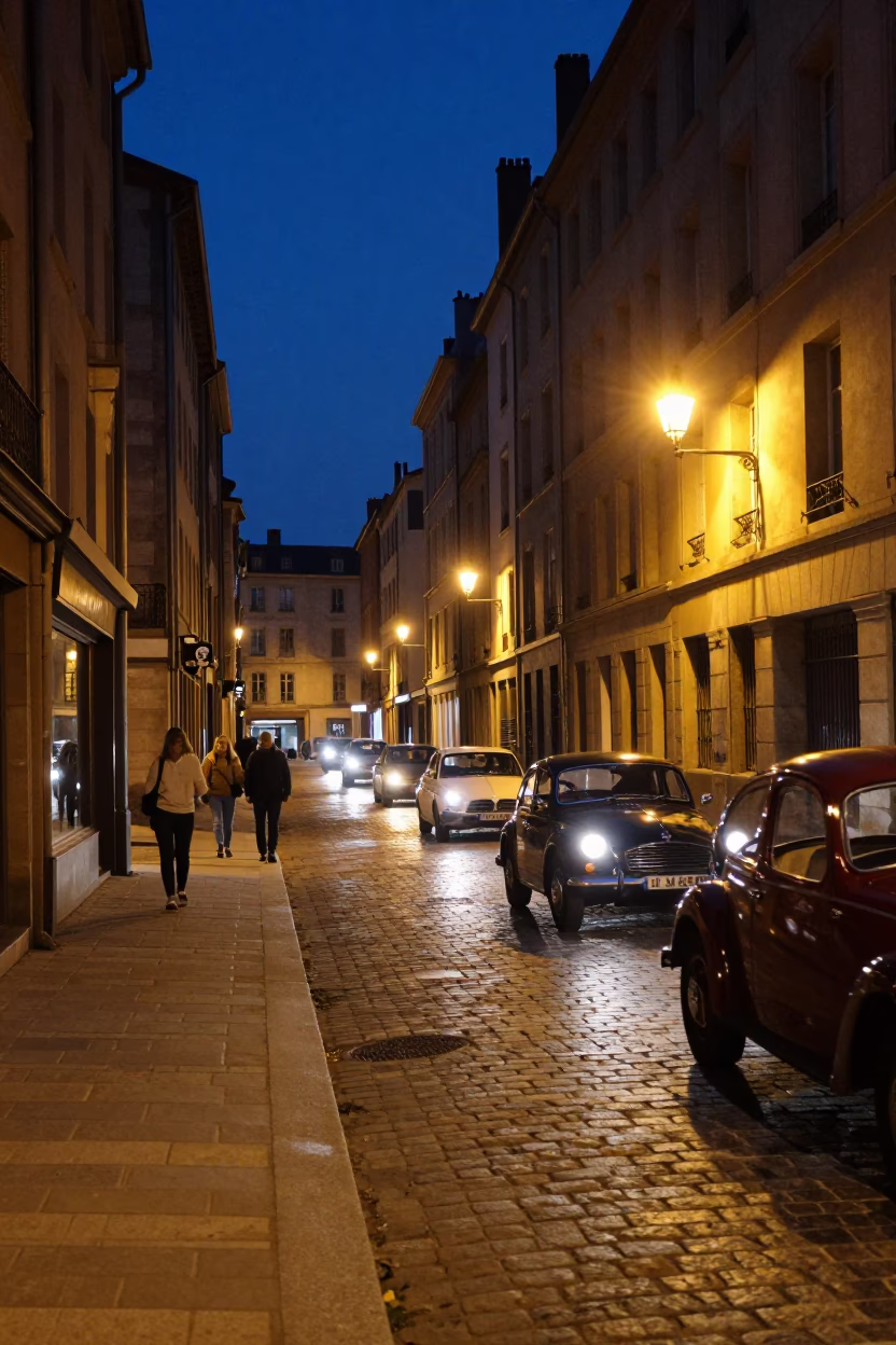 Midnight Street Scene in Lyon France with Vintage Car Rally Passersby in in Lyon, France