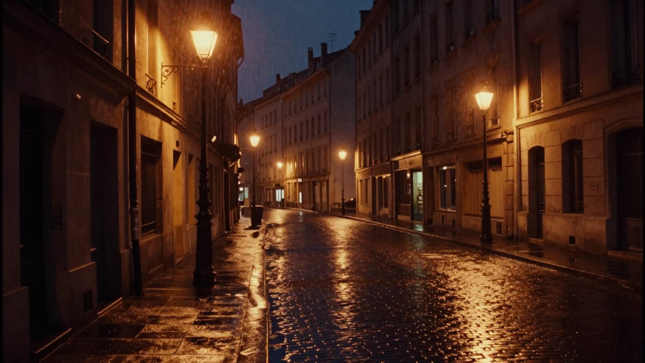 Midnight street scene in Lyon France with vintage peeler and rain boot tray in in Lyon, France