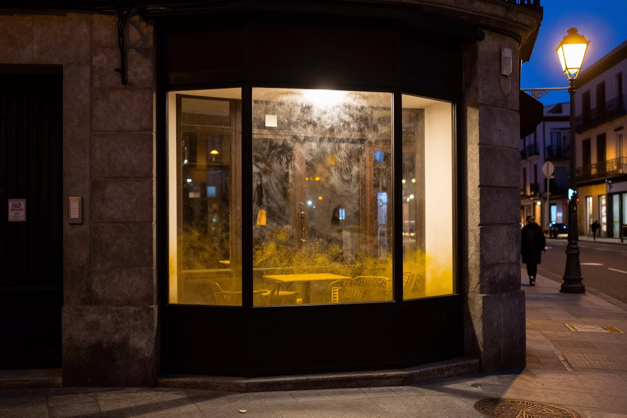 Midnight Street Scene in Madrid Spain with Pollen on Window Glass and Linen Napkin in in Madrid, Spain