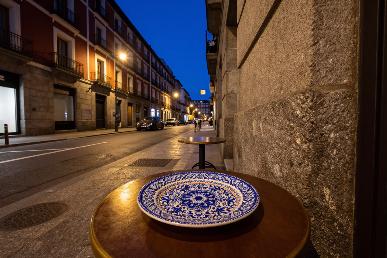 Midnight Street Scene in Madrid Spain with Vintage Majolica Plate and Condensation on Hinge in in Madrid, Spain