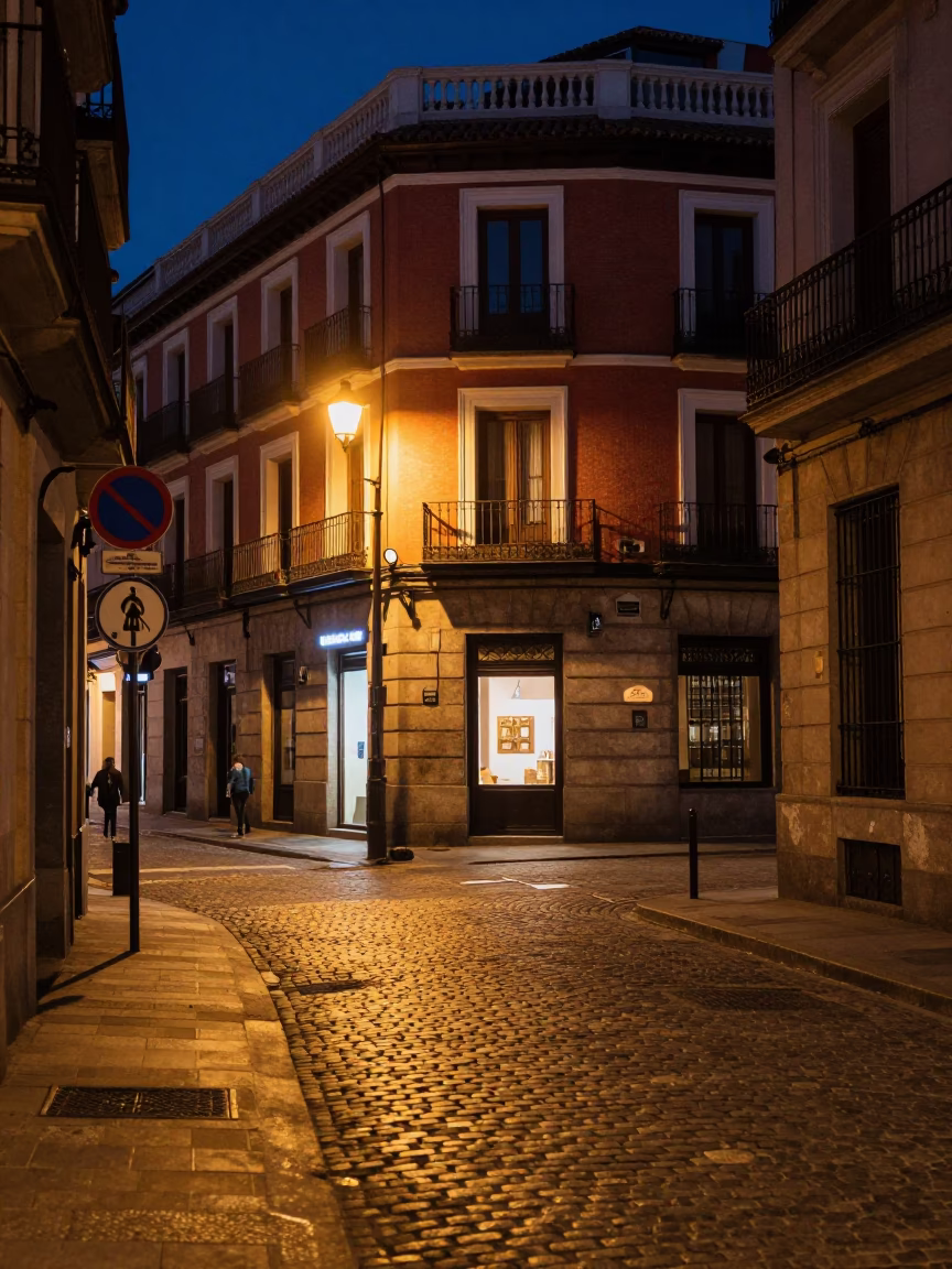 Midnight Street Scene in Madrid Spain with Vintage Neon and Urban Details in in Madrid, Spain