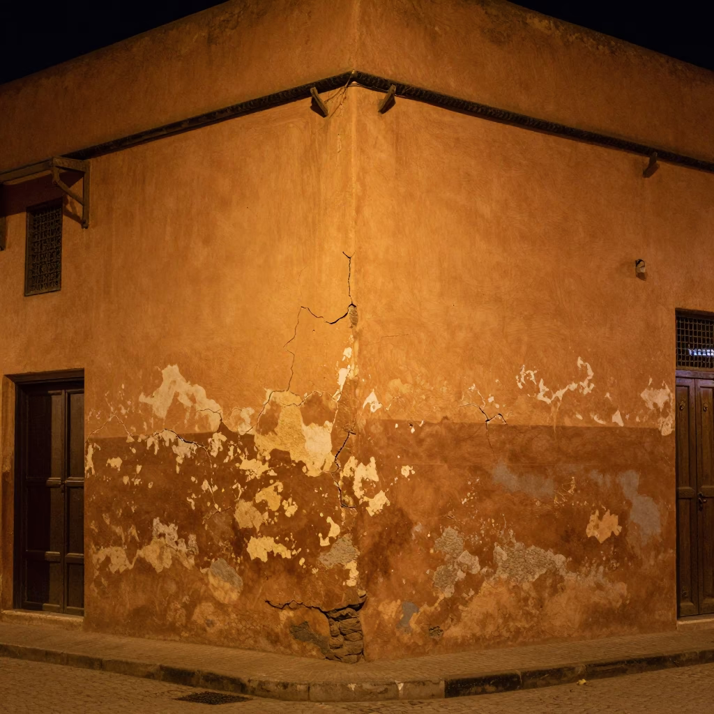 Midnight Street Scene in Marrakech Medina With Cracked Stucco and Local Vendor in in Marrakech, Morocco