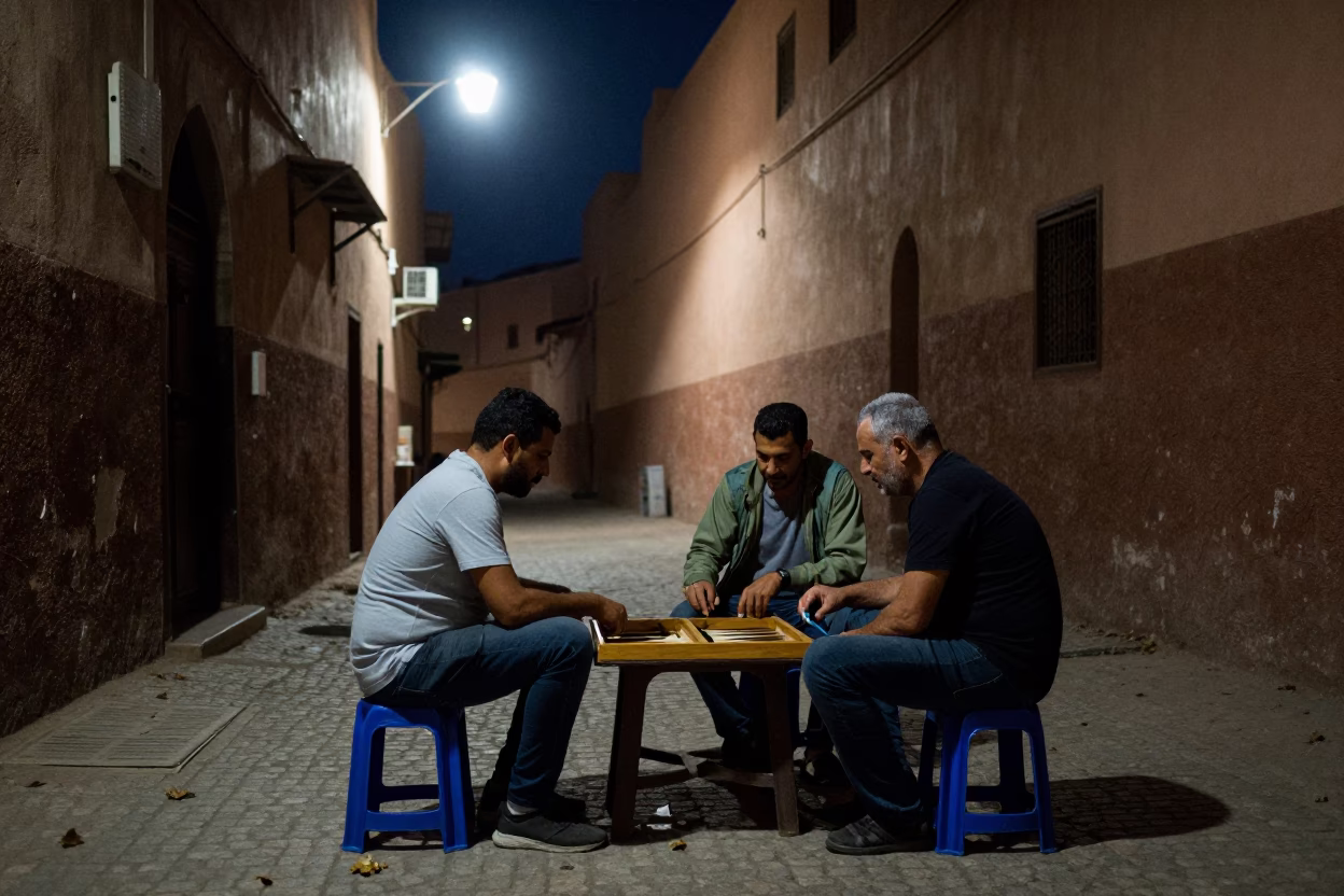Midnight Street Scene in Marrakech Morocco with Backgammon Game and Leaf Shadows in in Marrakech, Morocco