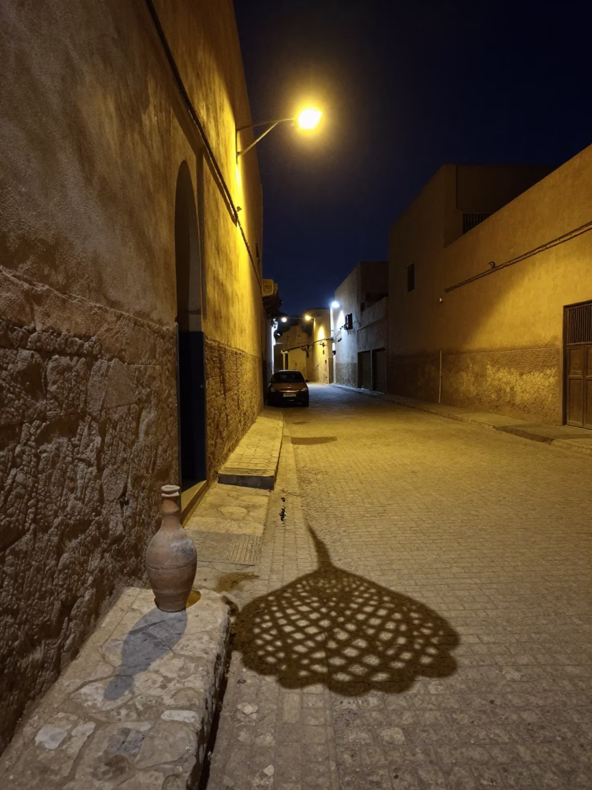 Midnight Street Scene in Marrakech Morocco with Bottle and Wicker Shadow in in Marrakech, Morocco