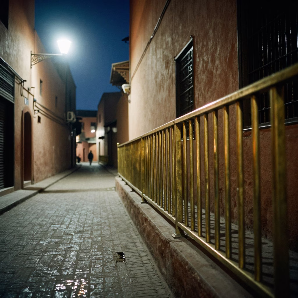 Midnight Street Scene in Marrakech Morocco with Brass Rail and Reflections in in Marrakech, Morocco