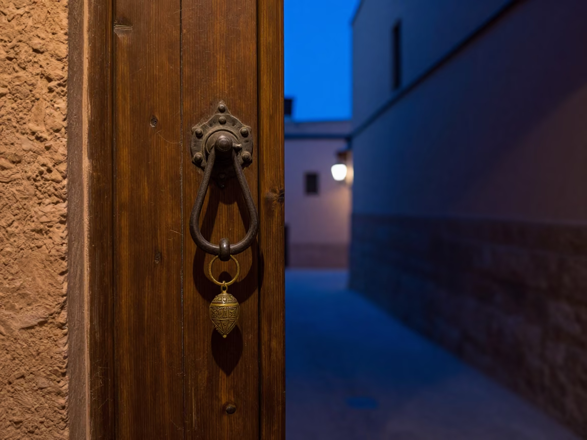 Midnight Street Scene in Marrakech Morocco with Gate Handle and Amulet in in Marrakech, Morocco