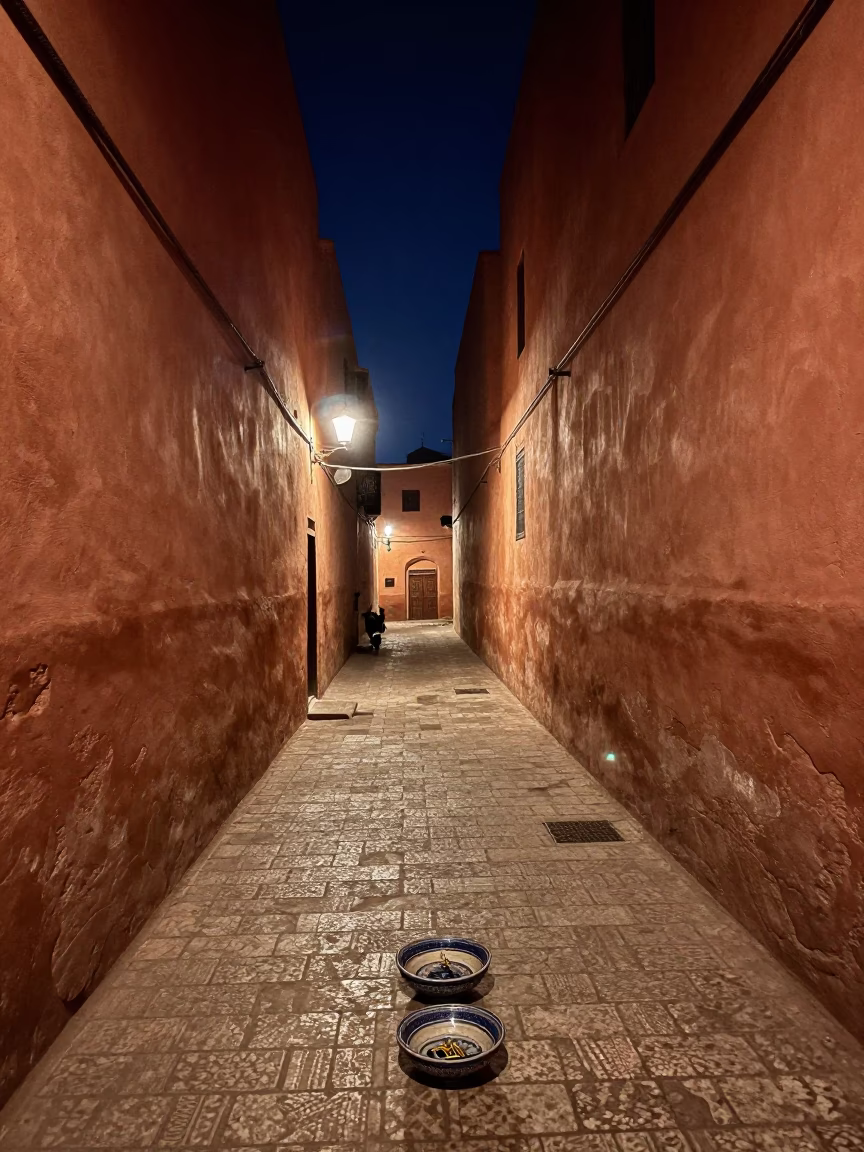 Midnight Street Scene in Marrakech Morocco with Key Bowl and Night Market Ambiance in in Marrakech, Morocco