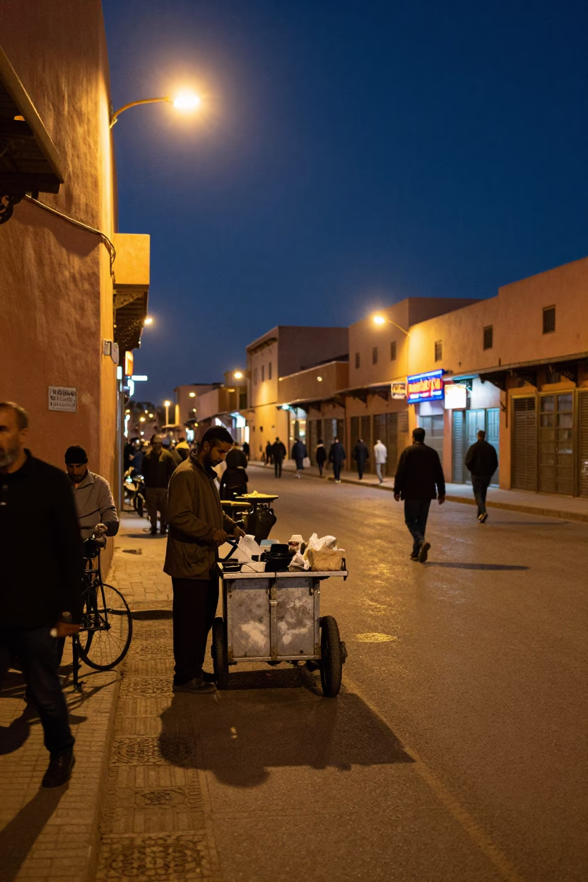 Midnight Street Scene in Marrakech Morocco with Local Vendor and Neon Lights in in Marrakech, Morocco