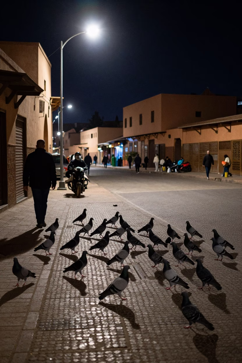 Midnight Street Scene in Marrakech Morocco with Pigeons and Local Life in in Marrakech, Morocco