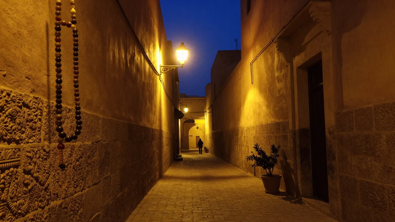 Midnight street scene in Marrakech Morocco with prayer beads and potted geraniums in in Marrakech, Morocco