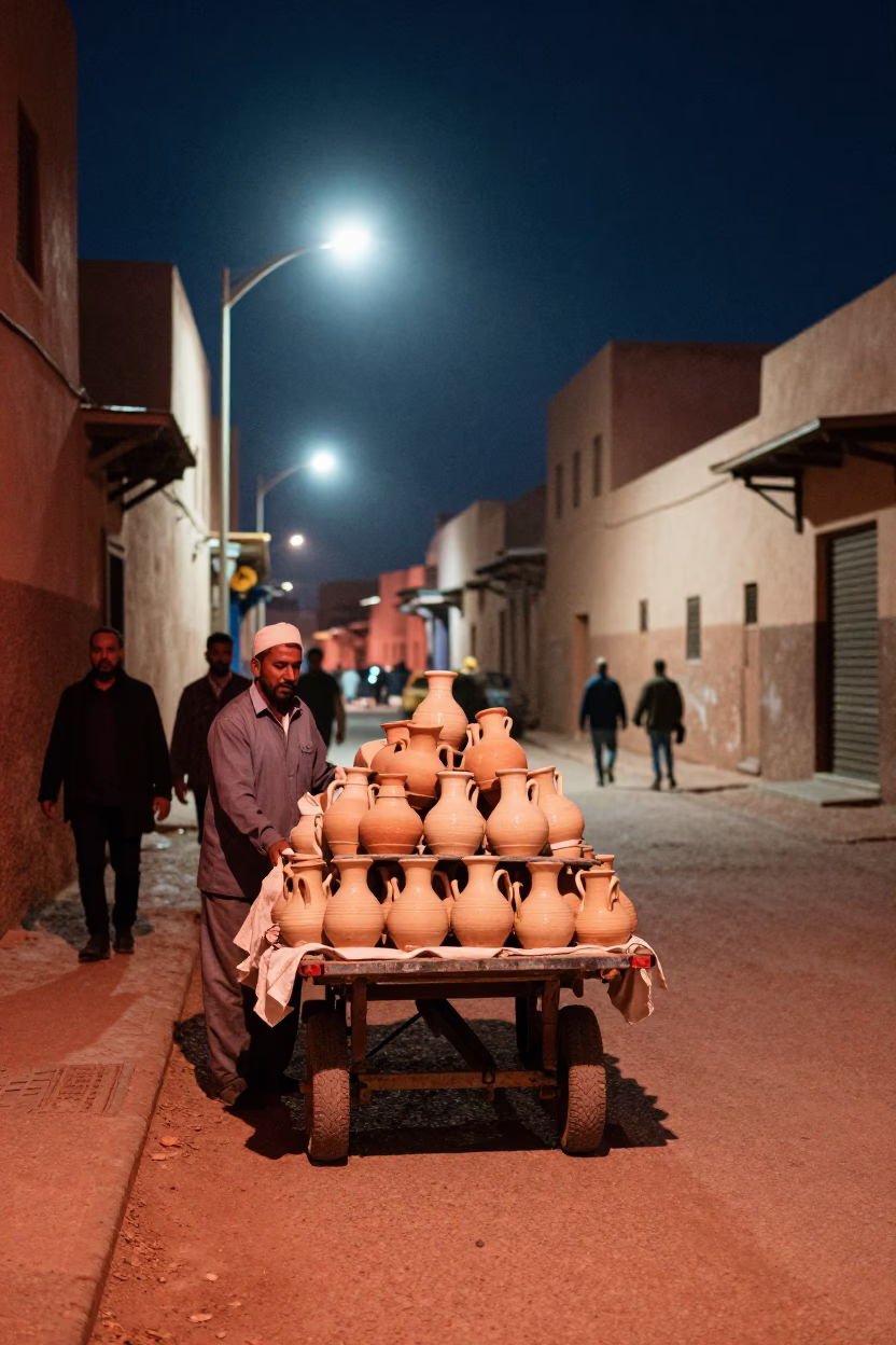 Midnight Street Scene in Marrakech Morocco with Rolling Carts and Linen Fringe Mirror in in Marrakech, Morocco