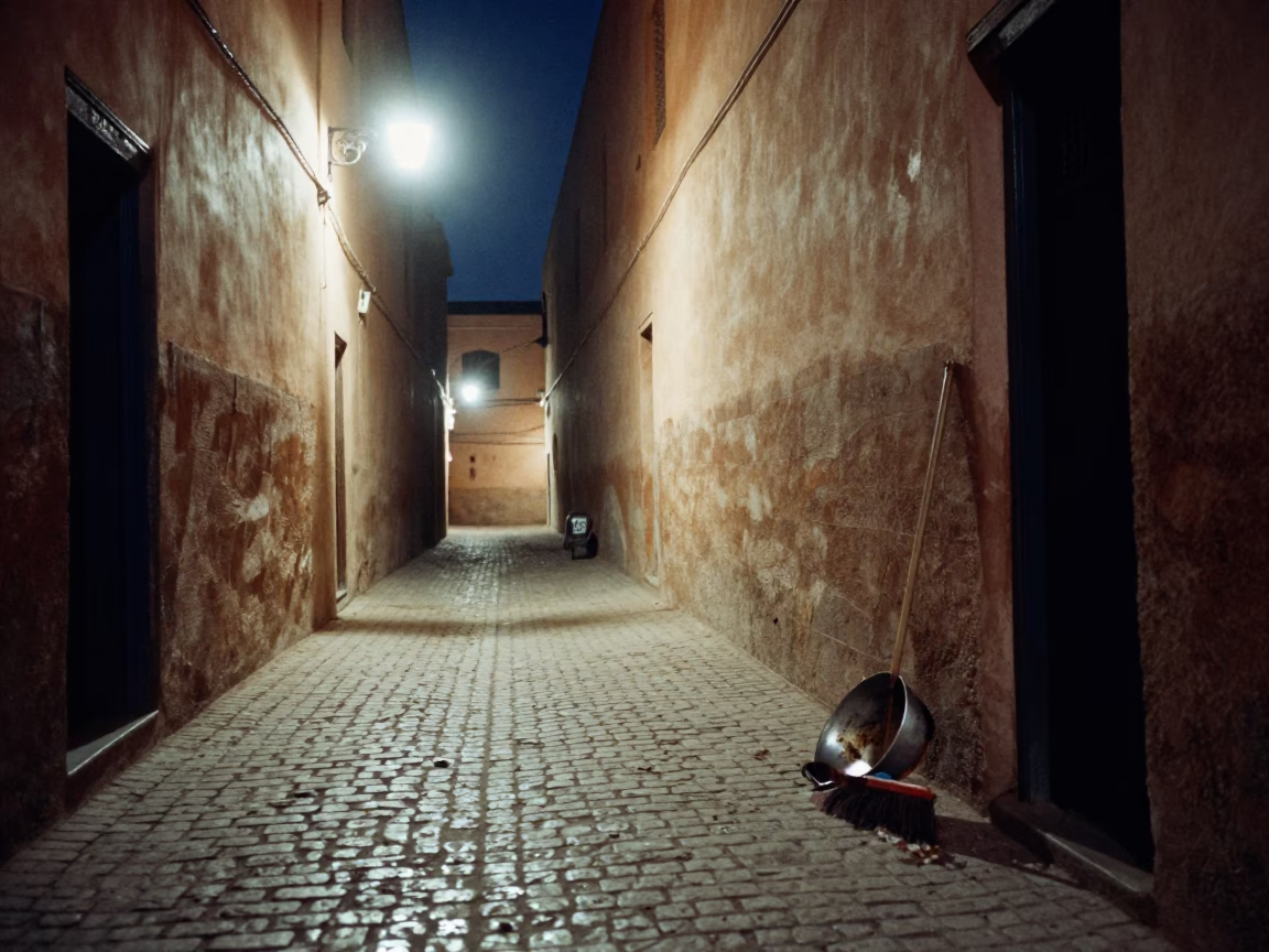 Midnight Street Scene in Marrakech Morocco with Saucepan and Broom in in Marrakech, Morocco