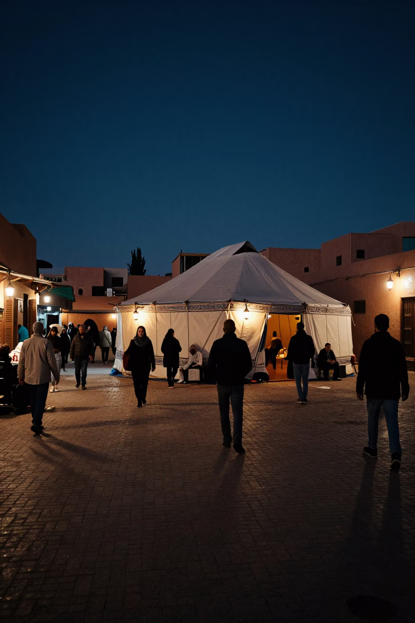Midnight Street Scene in Marrakech Morocco with Traditional Tent and Cultural Details in in Marrakech, Morocco