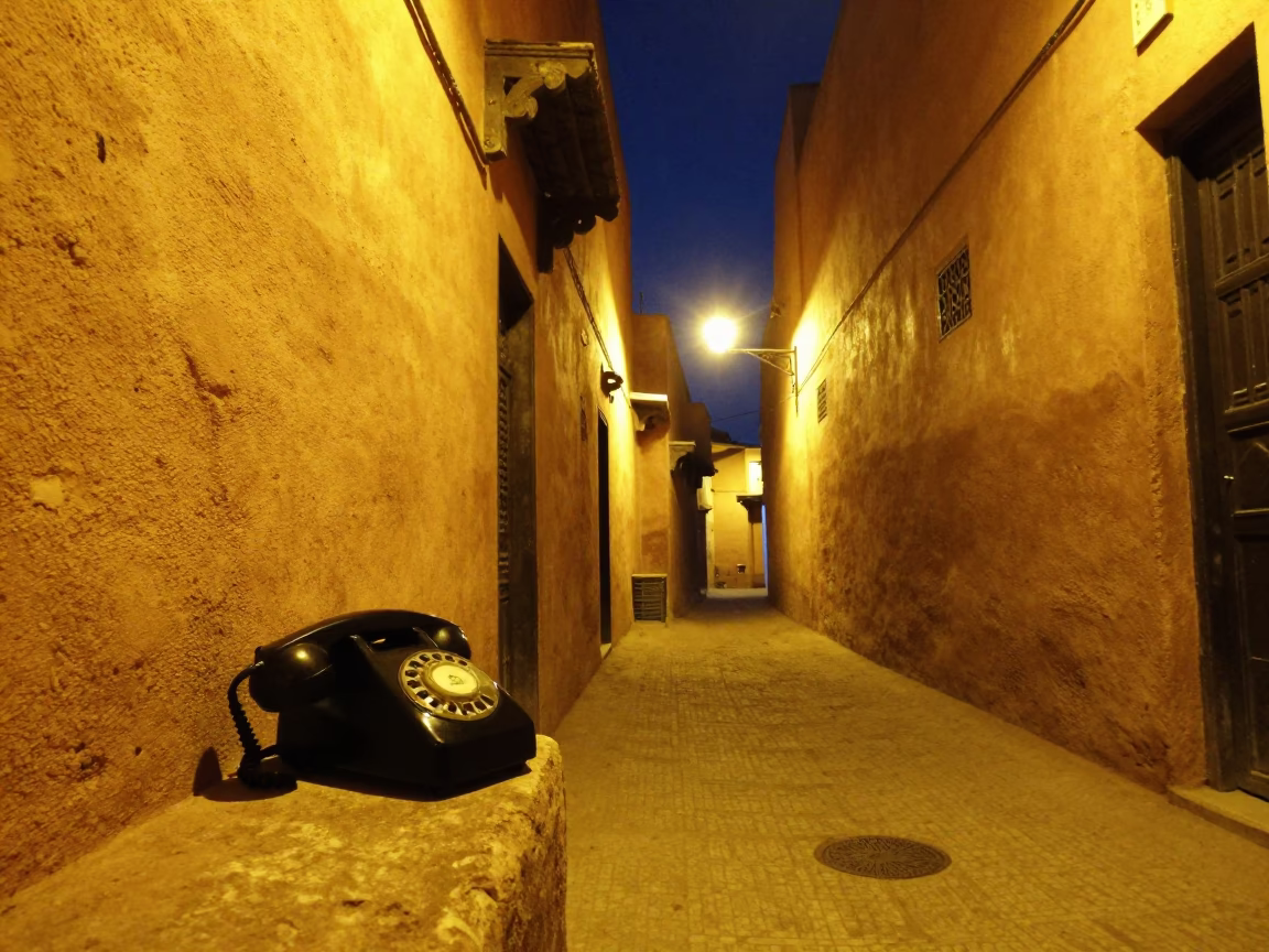 Midnight Street Scene in Marrakech Morocco with Vintage Bakelite Telephone and Porcelain Jars in in Marrakech, Morocco