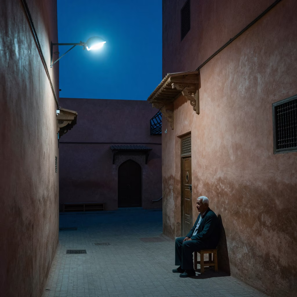 Midnight Street Scene in Marrakech Morocco With Wall Sconce and Urban Details in in Marrakech, Morocco