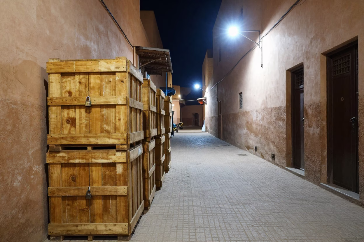 Midnight street scene in Marrakech Morocco with wooden crates and padlock on alleyway in in Marrakech, Morocco