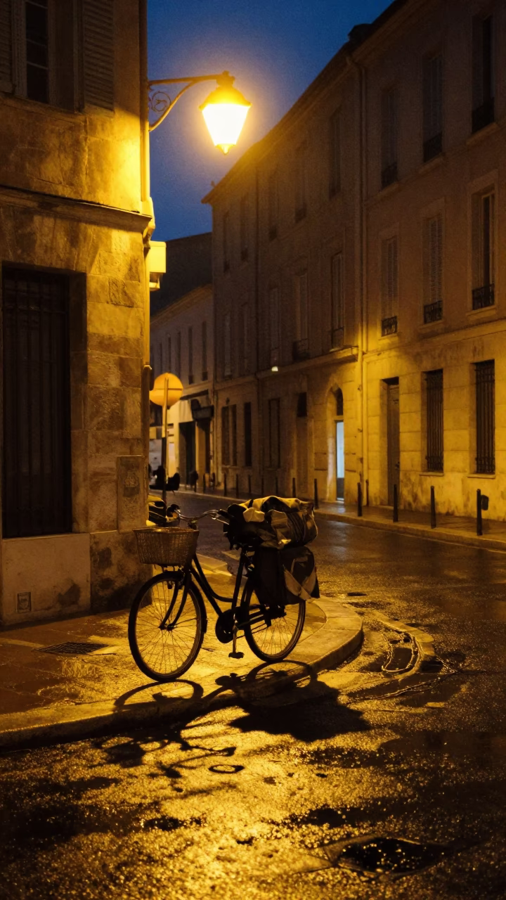 Midnight street scene in Marseille France with bicycle and vintage urban atmosphere in in Marseille, France