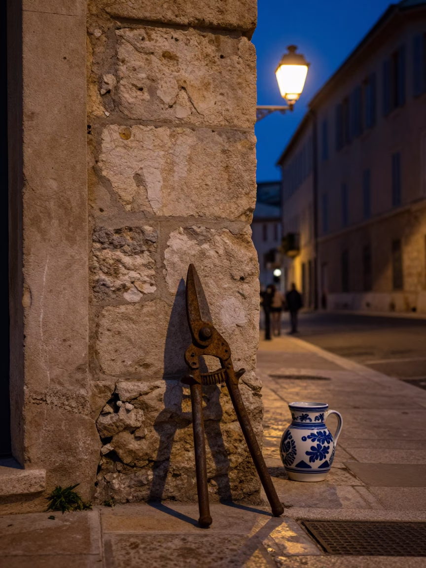Midnight Street Scene in Marseille France with Garden Shears and Ceramic Bowl in in Marseille, France
