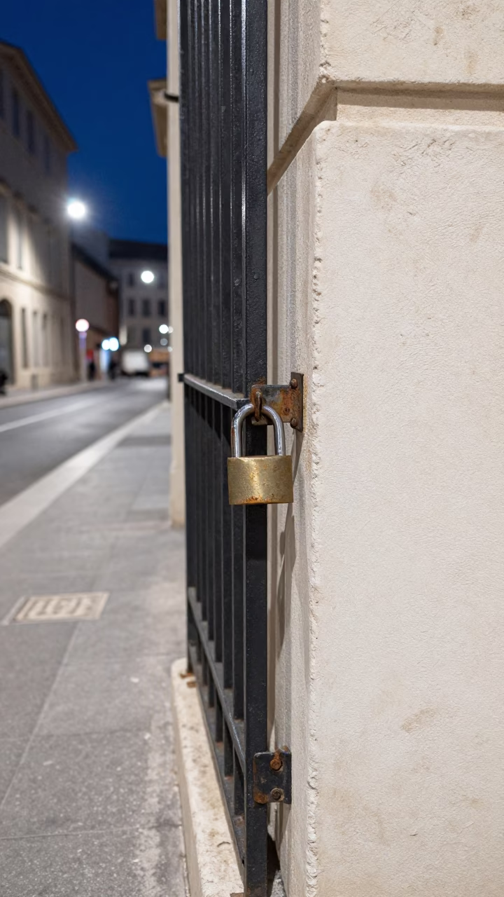Midnight Street Scene in Marseille France with Padlock on Old Iron Gate in in Marseille, France