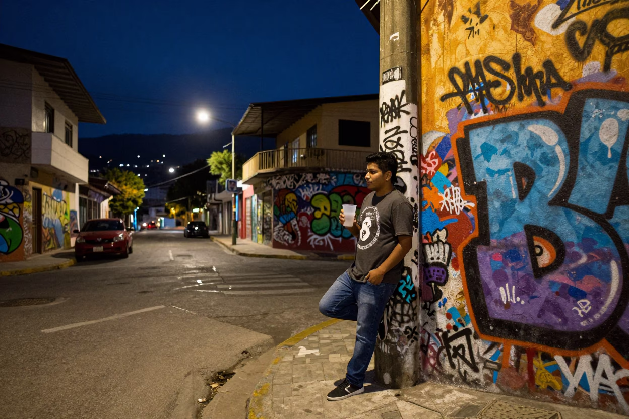 Midnight Street Scene in Medellin Colombia with Colorful Graffiti and Local Nightlife in in Medellin, Colombia