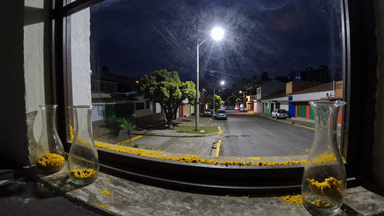 Midnight Street Scene in Medellin Colombia with Glass Vases and Pollen on Window Glass in in Medellin, Colombia